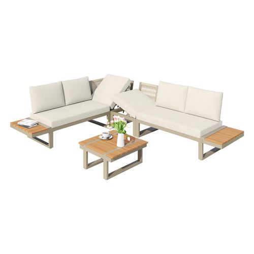 Ensemble Salon De Jardin Avec Canapé D'angle Modulable, 1 Table Et Étagères, En Acier, beige