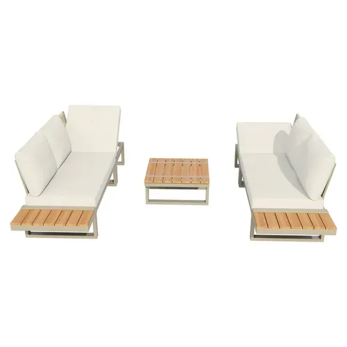 Ensemble Salon De Jardin Avec Canapé D'angle Modulable, 1 Table Et Étagères, En Acier, beige