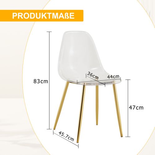 Lot De 4 Chaises En Plastique Transparentes, Pieds Métalliques Dorés, Stables Et Antidérapantes