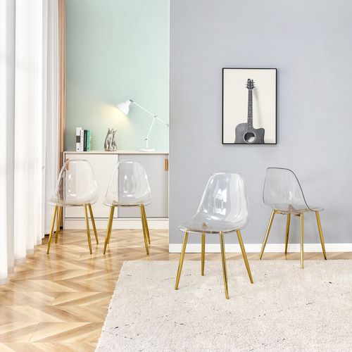 Lot De 4 Chaises En Plastique Transparentes, Pieds Métalliques Dorés, Stables Et Antidérapantes
