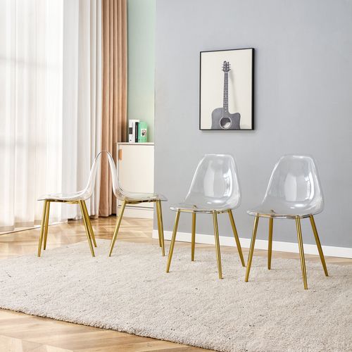 Lot De 4 Chaises En Plastique Transparentes, Pieds Métalliques Dorés, Stables Et Antidérapantes