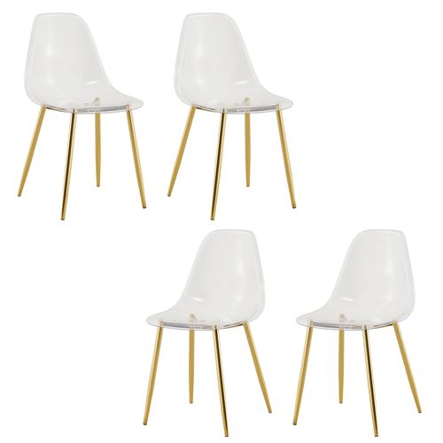 Lot De 4 Chaises En Plastique Transparentes, Pieds Métalliques Dorés, Stables Et Antidérapantes