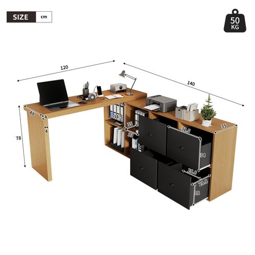 Bureau D’angle Rotatif 360° Avec 4 Tiroirs, 4 Niches, En Mdf, Chêne Et Noir