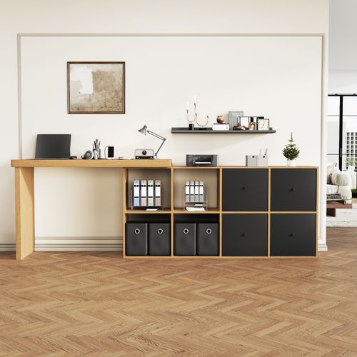 Bureau D’angle Rotatif 360° Avec 4 Tiroirs, 4 Niches, En Mdf, Chêne Et Noir