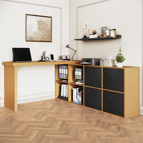 Bureau D’angle Rotatif 360° Avec 4 Tiroirs, 4 Niches, En Mdf, Chêne Et Noir