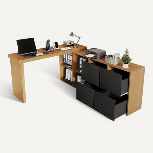 Bureau D’angle Rotatif 360° Avec 4 Tiroirs, 4 Niches, En Mdf, Chêne Et Noir