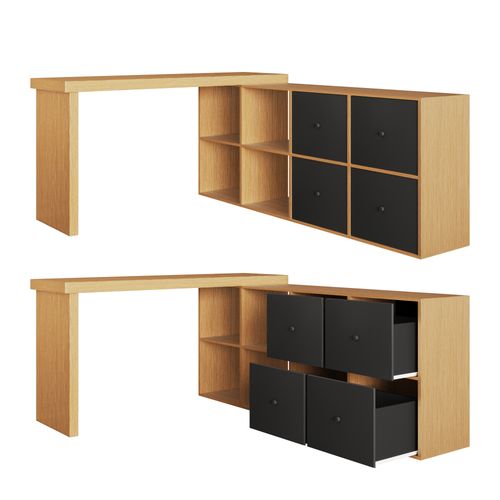 Bureau D’angle Rotatif 360° Avec 4 Tiroirs, 4 Niches, En Mdf, Chêne Et Noir