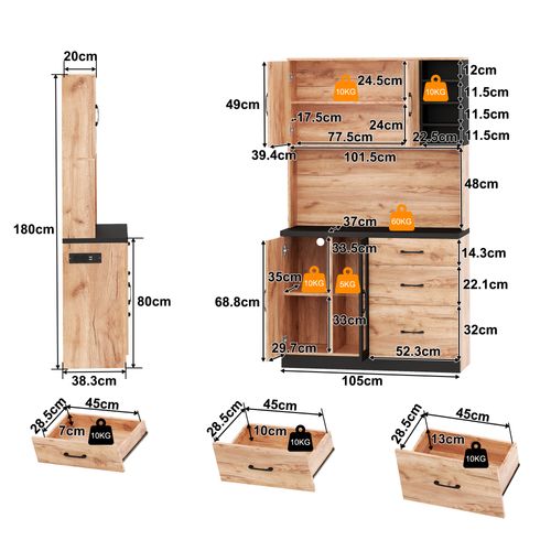 Buffet De Cuisine 105x38.3x180cm, 3 Tiroirs + 4 Portes, Avec LED Et Prise Eu, Noir + Chêne