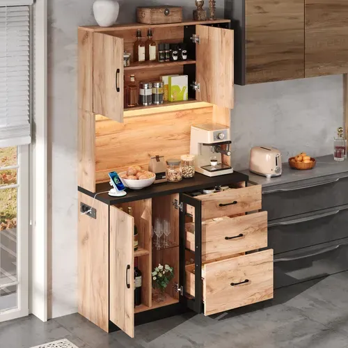 Buffet De Cuisine 105x38.3x180cm, 3 Tiroirs + 4 Portes, Avec LED Et Prise Eu, Noir + Chêne
