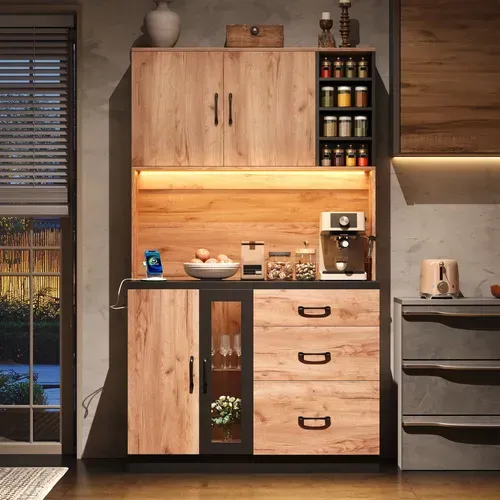 Buffet De Cuisine 105x38.3x180cm, 3 Tiroirs + 4 Portes, Avec LED Et Prise Eu, Noir + Chêne