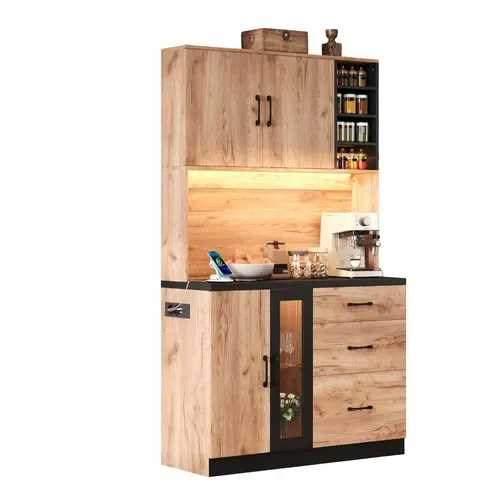 Buffet De Cuisine 105x38.3x180cm, 3 Tiroirs + 4 Portes, Avec LED Et Prise Eu, Noir + Chêne