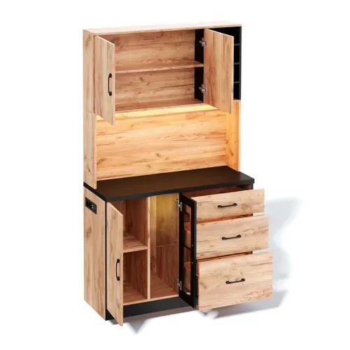 Buffet De Cuisine 105x38.3x180cm, 3 Tiroirs + 4 Portes, Avec LED Et Prise Eu, Noir + Chêne