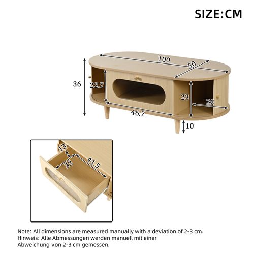 Table Basse Ovale 100x50x36cm, 1 Tiroir + 2 Portes à Rouleau, Mdf, Chêne