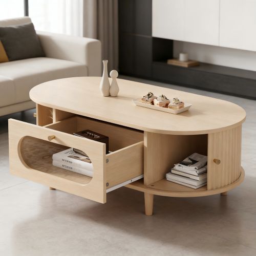 Table Basse Ovale 100x50x36cm, 1 Tiroir + 2 Portes à Rouleau, Mdf, Chêne