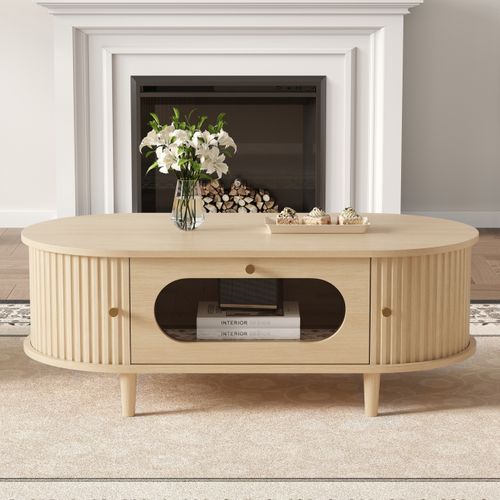 Table Basse Ovale 100x50x36cm, 1 Tiroir + 2 Portes à Rouleau, Mdf, Chêne