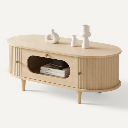 Table Basse Ovale 100x50x36cm, 1 Tiroir + 2 Portes à Rouleau, Mdf, Chêne