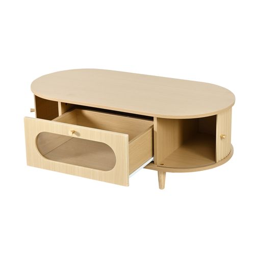 Table Basse Ovale 100x50x36cm, 1 Tiroir + 2 Portes à Rouleau, Mdf, Chêne