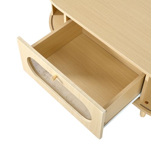 Table Basse Ovale 100x50x36cm, 1 Tiroir + 2 Portes à Rouleau, Mdf, Chêne