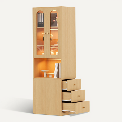 Bibliothèque 60x40x200 Cm Avec LED, 3 Tiroirs, 2 Portes, Rangement Ouvert, Mdf, Couleur Chêne