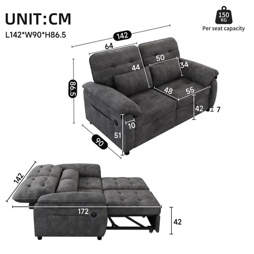 Canapé Convertible 3-en-1, 142x90x86.5cm, 2 Places, Avec Ports De Charge USB, Chenille, Gris