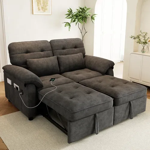 Canapé Convertible 3-en-1, 142x90x86.5cm, 2 Places, Avec Ports De Charge USB, Chenille, Gris