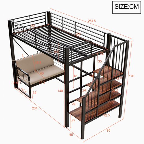 Lit Mezzanine 90x200cm Avec Canapé Rembourré Et échelle De Rangement, En Métal + Mdf, Noir