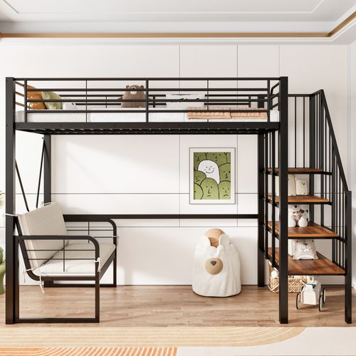 Lit Mezzanine 90x200cm Avec Canapé Rembourré Et échelle De Rangement, En Métal + Mdf, Noir