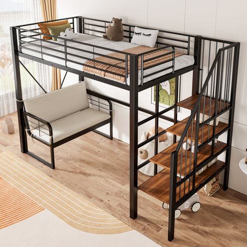 Lit Mezzanine 90x200cm Avec Canapé Rembourré Et échelle De Rangement, En Métal + Mdf, Noir