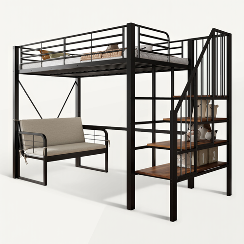 Lit Mezzanine 90x200cm Avec Canapé Rembourré Et échelle De Rangement, En Métal + Mdf, Noir