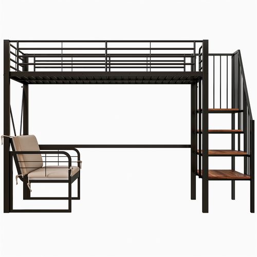 Lit Mezzanine 90x200cm Avec Canapé Rembourré Et échelle De Rangement, En Métal + Mdf, Noir