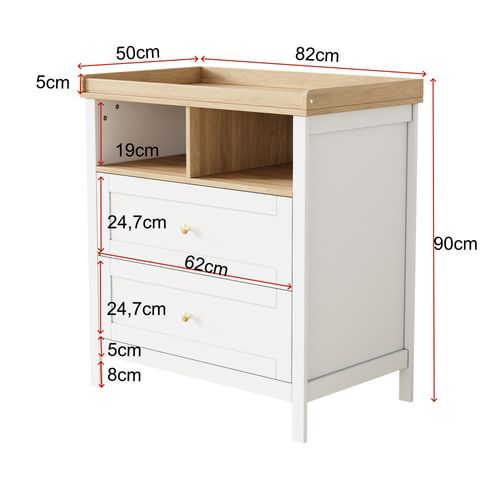 Commode à Langer Bébé évolutive 82x50x90cm, Avec 2 Tiroirs Et 2 Niches, MDF, Blanc Et Bois