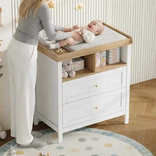 Commode à Langer Bébé évolutive 82x50x90cm, Avec 2 Tiroirs Et 2 Niches, MDF, Blanc Et Bois