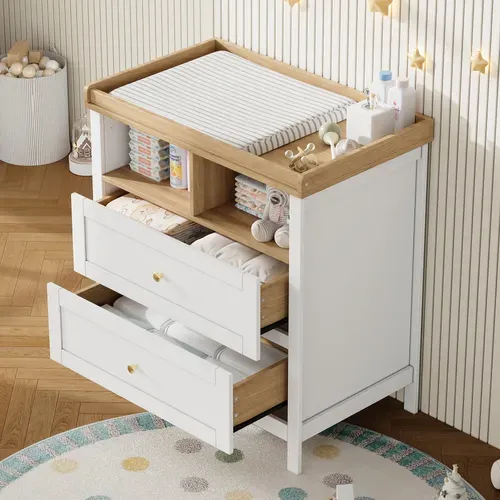 Commode à Langer Bébé évolutive 82x50x90cm, Avec 2 Tiroirs Et 2 Niches, MDF, Blanc Et Bois