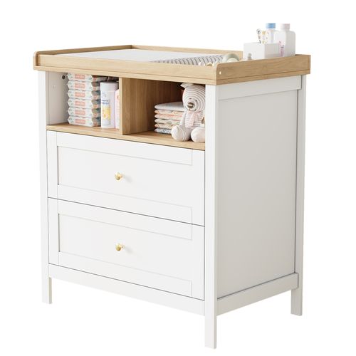 Commode à Langer Bébé évolutive 82x50x90cm, Avec 2 Tiroirs Et 2 Niches, MDF, Blanc Et Bois