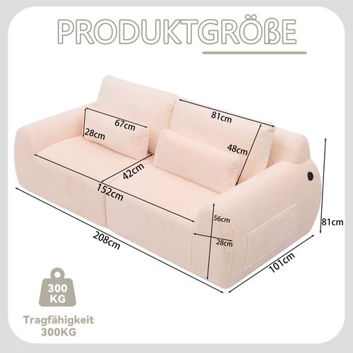 Canapé 2 Places, Canapé Compressé 208x101x81 Cm Avec Port USB Et Poche Latérale, Rose