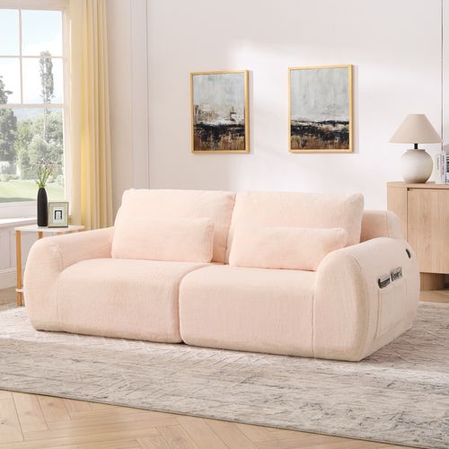 Canapé 2 Places, Canapé Compressé 208x101x81 Cm Avec Port USB Et Poche Latérale, Rose