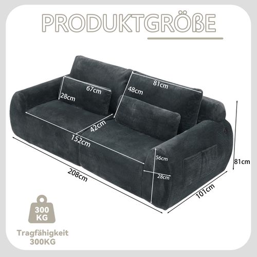 Canapé 2 Places, Canapé Compressé 208x101x81 Cm Avec Port USB Et Poche Latérale, Gris
