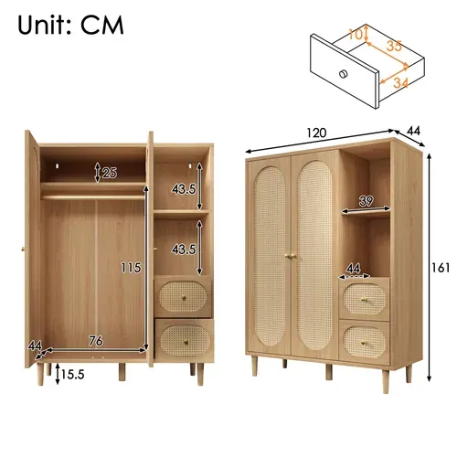 Armoire 120x44x161 Cm Style Campagne, Rotin, 2 Portes, 2 Tiroirs, 2 Niches, Bois Chêne