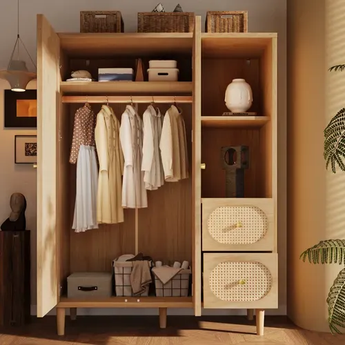 Armoire 120x44x161 Cm Style Campagne, Rotin, 2 Portes, 2 Tiroirs, 2 Niches, Bois Chêne