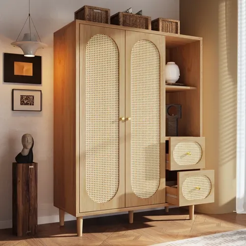 Armoire 120x44x161 Cm Style Campagne, Rotin, 2 Portes, 2 Tiroirs, 2 Niches, Bois Chêne