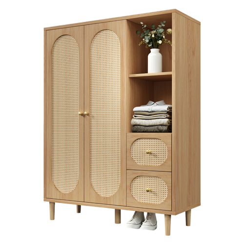 Armoire 120x44x161 Cm Style Campagne, Rotin, 2 Portes, 2 Tiroirs, 2 Niches, Bois Chêne