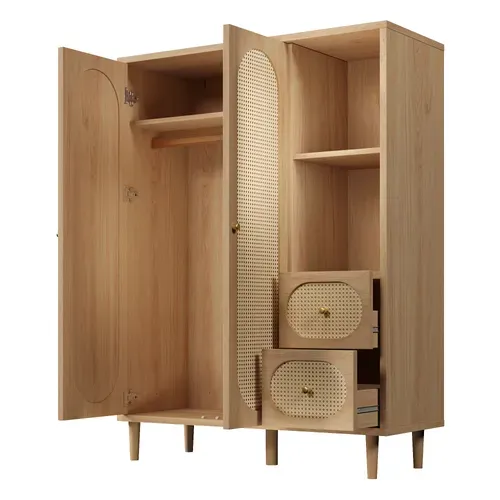 Armoire 120x44x161 Cm Style Campagne, Rotin, 2 Portes, 2 Tiroirs, 2 Niches, Bois Chêne