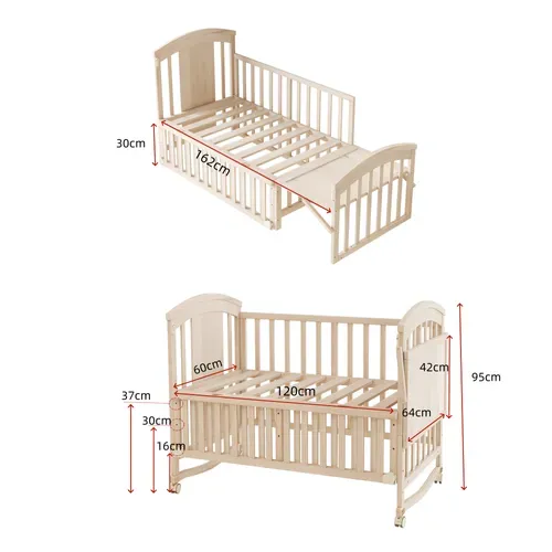 Lit Bébé Multifonction 120x60 Cm Avec Table à Langer, Bois Massif, Couleur Naturelle