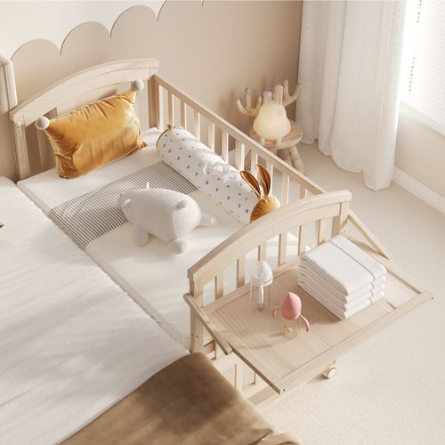 Lit Bébé Multifonction 120x60 Cm Avec Table à Langer, Bois Massif, Couleur Naturelle