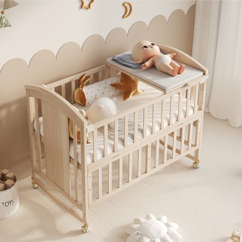 Lit Bébé Multifonction 120x60 Cm Avec Table à Langer, Bois Massif, Couleur Naturelle