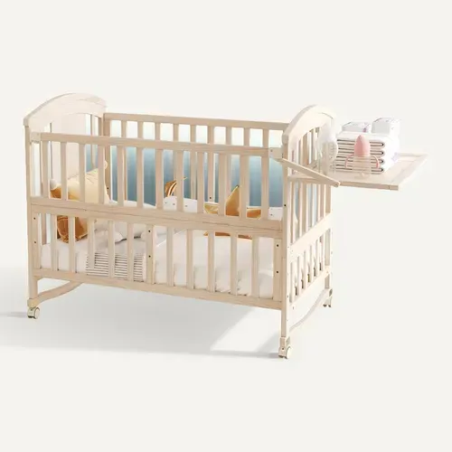 Lit Bébé Multifonction 120x60 Cm Avec Table à Langer, Bois Massif, Couleur Naturelle