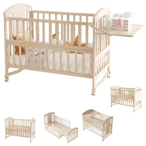 Lit Bébé Multifonction 120x60 Cm Avec Table à Langer, Bois Massif, Couleur Naturelle