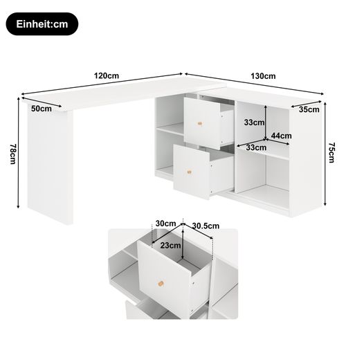 Bureau D'angle L 130x120x78cm, Montable Des 2 Côtés, 2 Tiroirs, 4 Niches, Mdf, Blanc