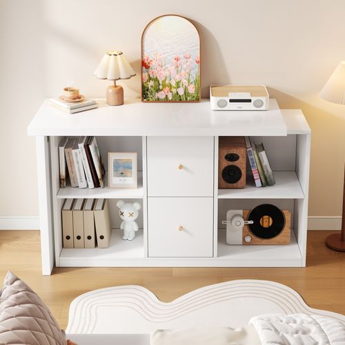 Bureau D'angle L 130x120x78cm, Montable Des 2 Côtés, 2 Tiroirs, 4 Niches, Mdf, Blanc
