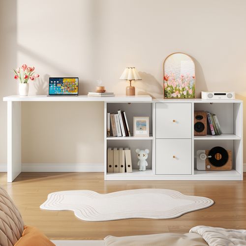 Bureau D'angle L 130x120x78cm, Montable Des 2 Côtés, 2 Tiroirs, 4 Niches, Mdf, Blanc